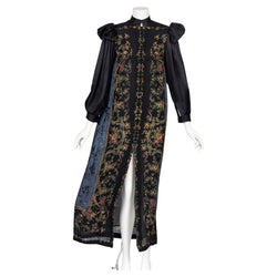 Vintage Galanos Silk Print Gown with Satin Sleeves & Winged Shoulders