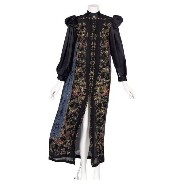 Vintage Galanos Silk Print Gown with Satin Sleeves & Winged Shoulders