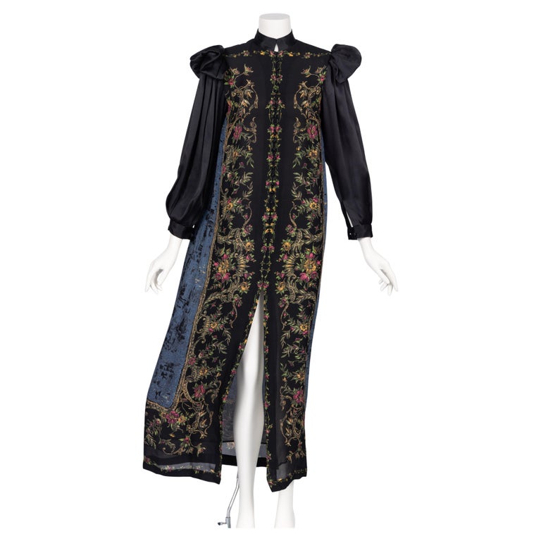 Vintage Galanos Silk Print Gown with Satin Sleeves & Winged Shoulders