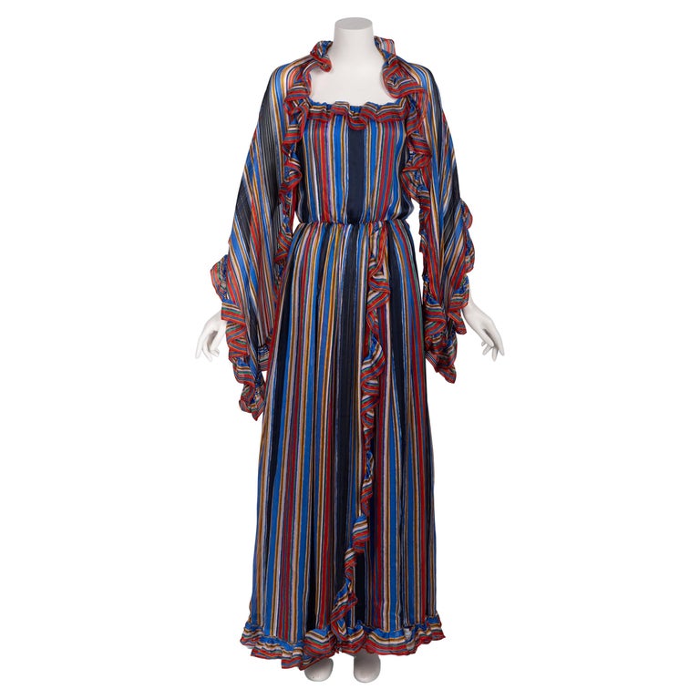 Givenchy by Hubert de Givenchy  1970s  Rainbow Stripe Silk Maxi Dress & Shawl