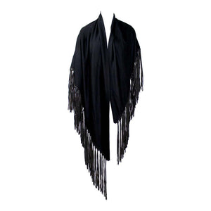 Hermès attributed Black Cashmere & Leather Fringe Shawl