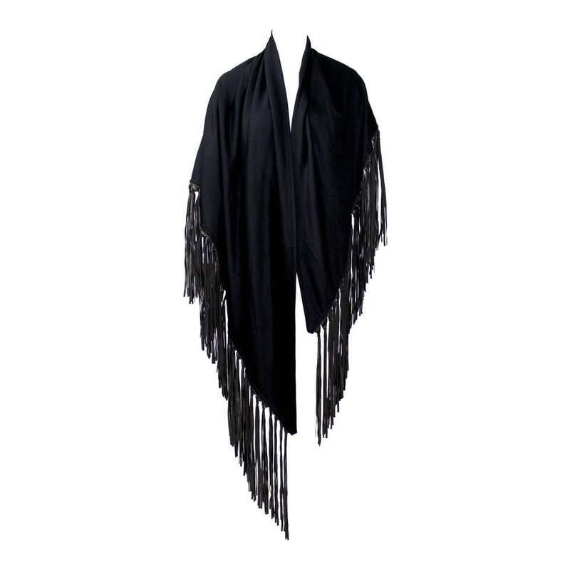 Hermès attributed Black Cashmere & Leather Fringe Shawl