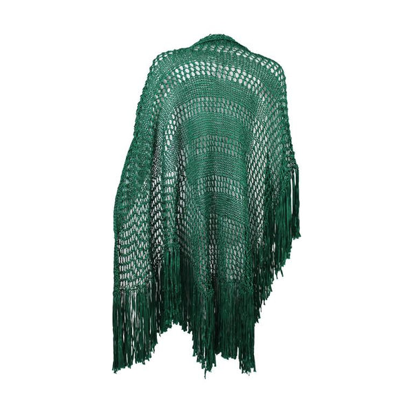Emerald Green Crochet Fringe Shawl, 1930s