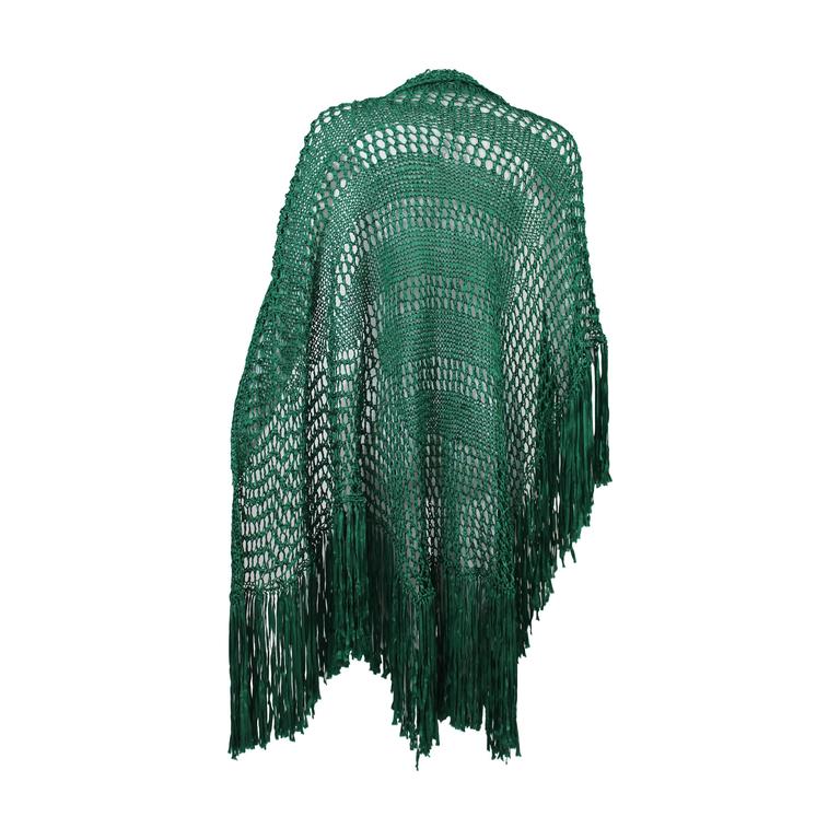 Emerald Green Crochet Fringe Shawl, 1930s