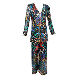 Missoni Vintage Shimmery Silk Jersey Colorful Print Clear Sequin Pant Suit