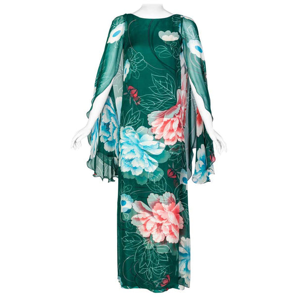 Hanae Mori Couture Green Floral Print Silk Caftan Maxi Dress, 1970s