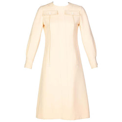Galanos Ivory Wool Tailored A Line Dress, 1960s Basha Gold Galanos Ivory Wool Tailored A Line Dress, 1960s Basha Gold