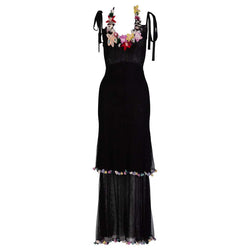 Fendi Black Silk Mesh Tiered Hourglass Fur Floral Applique Maxi Dress