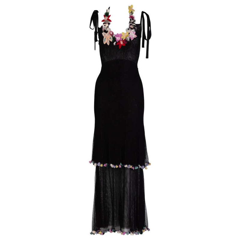 Fendi Black Silk Mesh Tiered Hourglass Fur Floral Applique Maxi Dress Basha Gold Fendi Black Silk Mesh Tiered Hourglass Fur Floral Applique Maxi Dress Basha Gold
