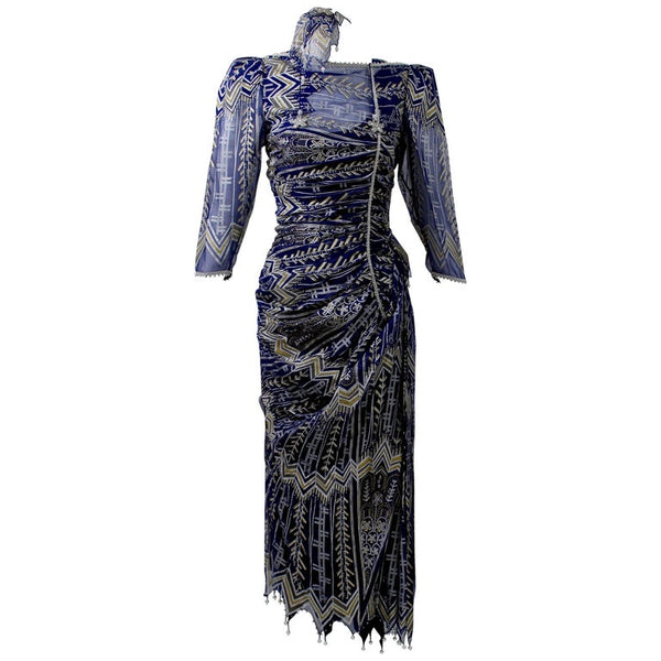 Vintage Zandra Rhodes Hand Painted Silk Dress, Pearl trimmed Slip & Headpiece