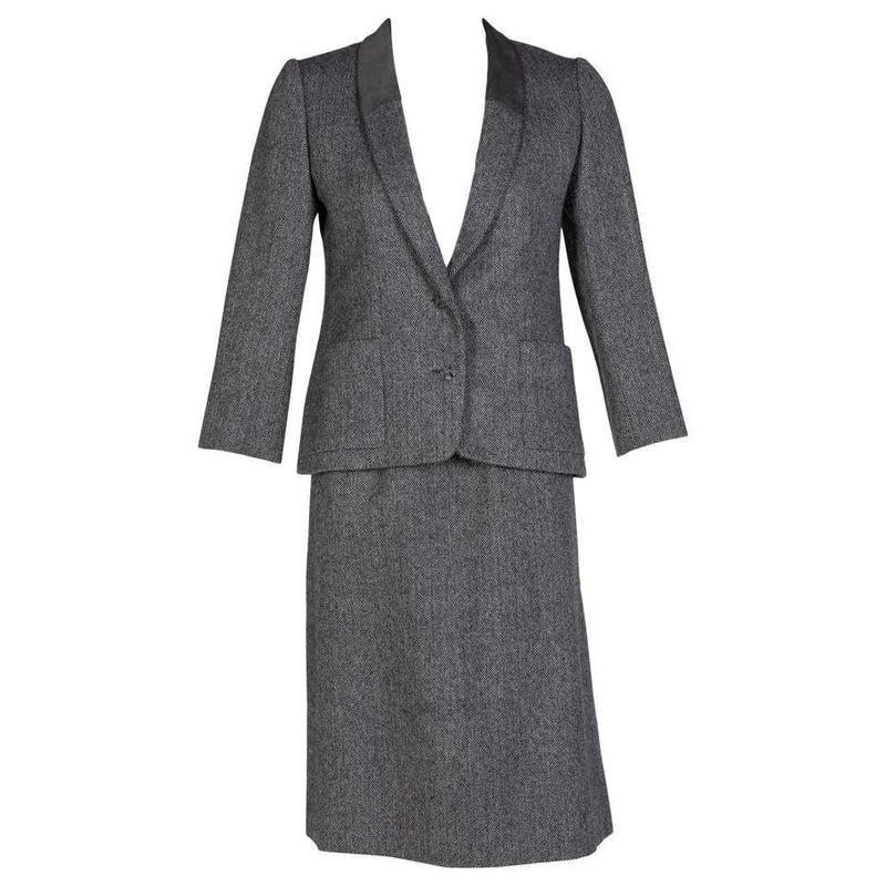 Christian Dior Haute Couture Gray Herringbone Belted Skirt Suit, 1978