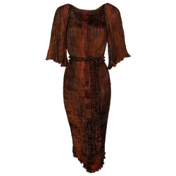 Patricia Lester Copper Brown Silk Fortuny Pleated Dress & Belt, 1980s Basha Gold Patricia Lester Copper Brown Silk Fortuny Pleated Dress & Belt, 1980s Basha Gold