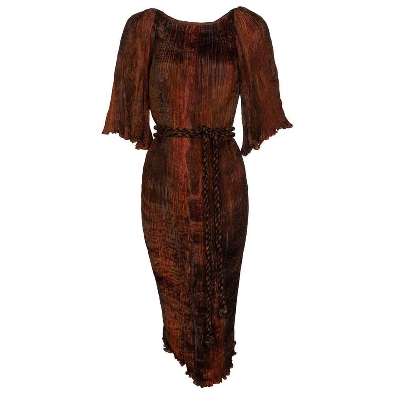 Patricia Lester Copper Brown Silk Fortuny Pleated Dress & Belt, 1980s