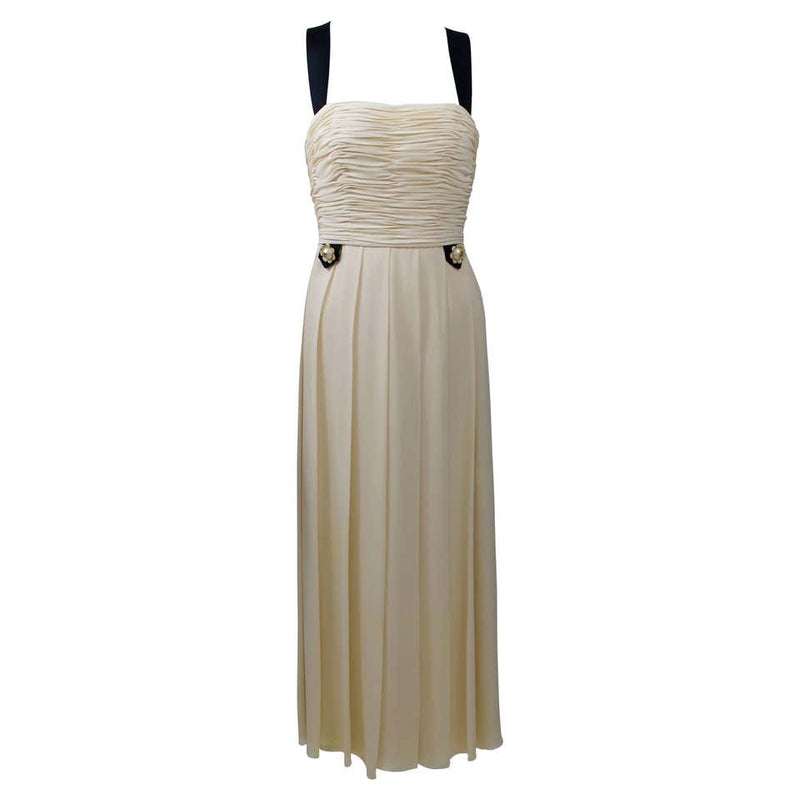 1994 Chanel Ivory Silk chiffon Ruched Bodice and Pearl Button Dress Vintage