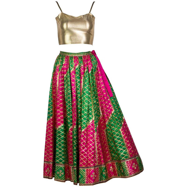Lanvin Haute Couture Gold Lame Top & Green Pink Peasant Skirt Ensemble, 1977