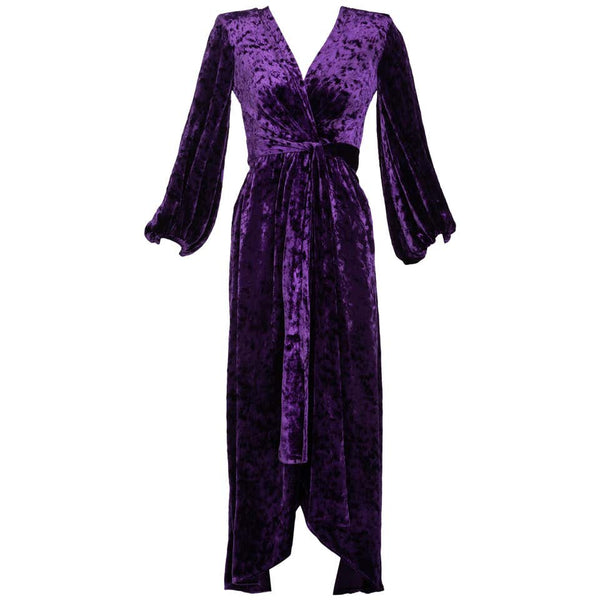 Saint Laurent Purple Crushed Velvet Plunge Wrap Dress YSL Runway, 1985