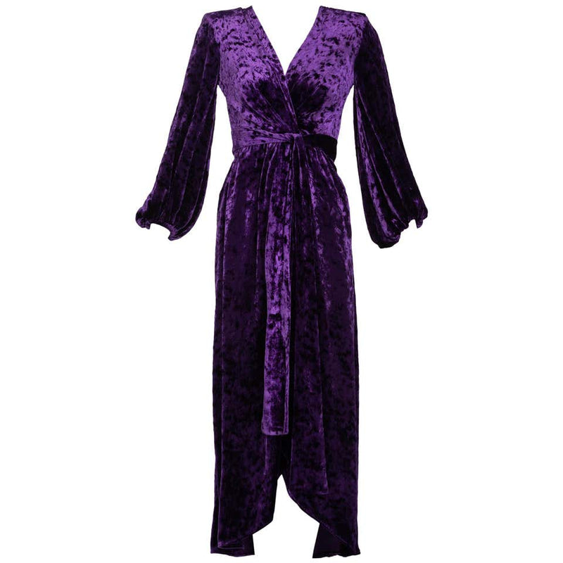 Saint Laurent Purple Crushed Velvet Plunge Wrap Dress YSL Runway, 1985