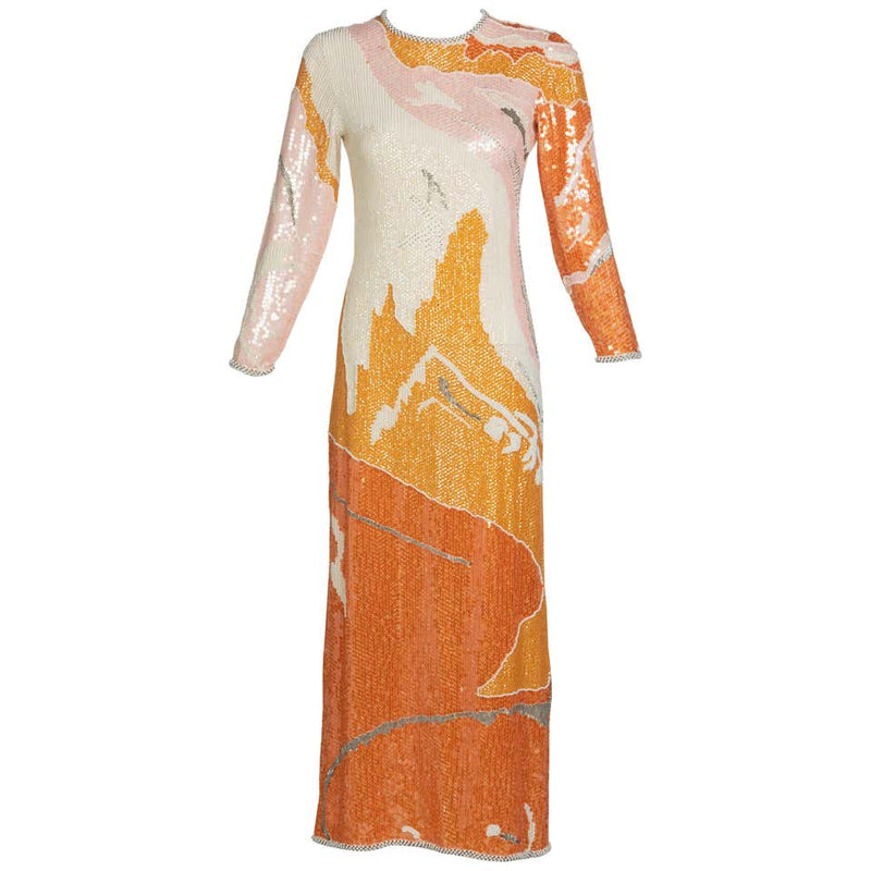 Halston Couture Sequin Pearl Beaded Sunset Colors Dress Documented, 19 Basha Gold Halston Couture Sequin Pearl Beaded Sunset Colors Dress Documented, 19 Basha Gold