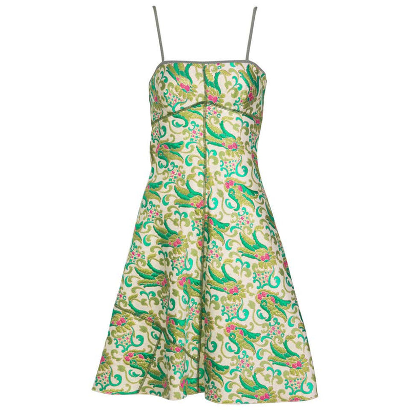 Prada Green Brocade A-Line Sleeveless Dress Spring 2003 Basha Gold Prada Green Brocade A-Line Sleeveless Dress Spring 2003 Basha Gold