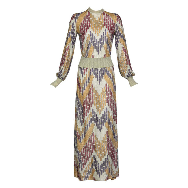 Lanvin Silver Print Maxi Dress Knit Details, 1970s