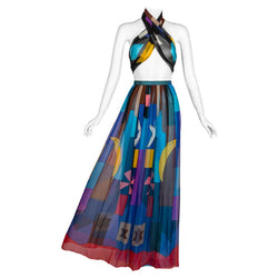 Hanae Mori Couture Silk Printed Maxi Skirt & Shawl Set, 1980s