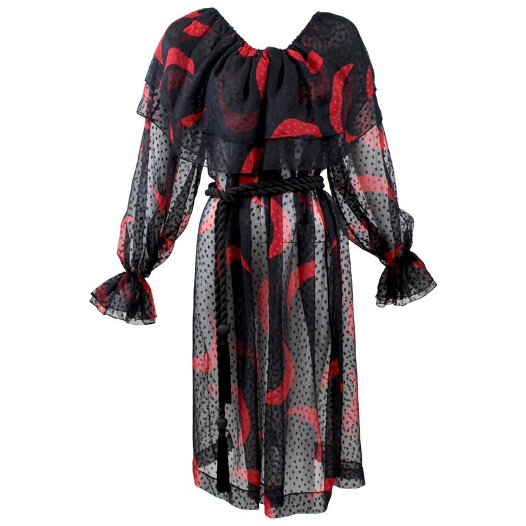 1970s Yves Saint Laurent Red & Black Crescent Moon Ruffle Peasant Dress