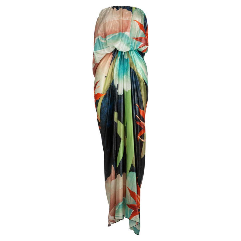 Lanvin Alber Elbaz Tropical Print Metallic Lamé Strapless Draped Maxi Dress 2013