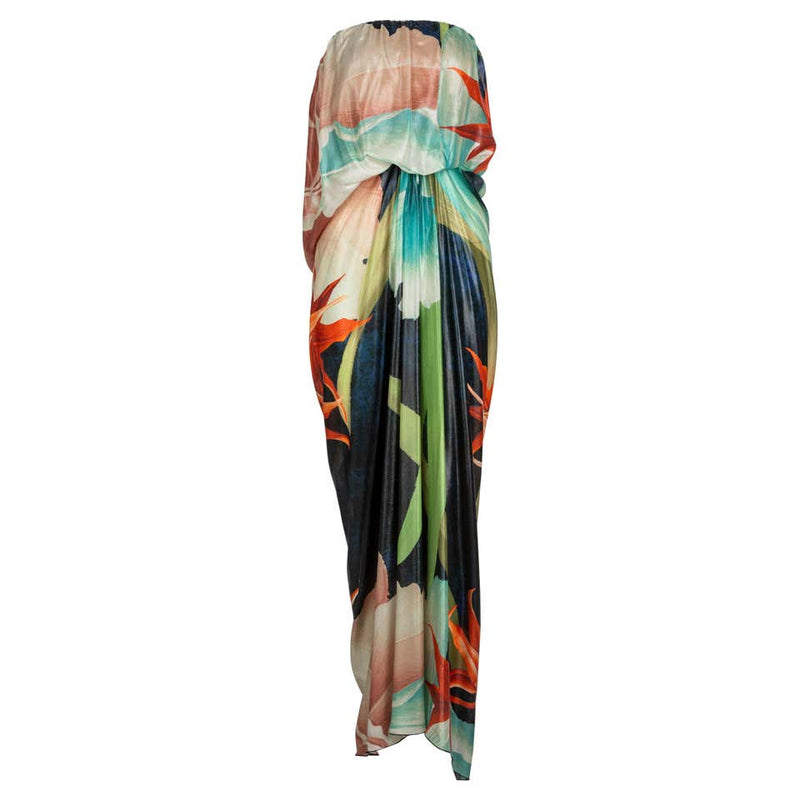 Lanvin Alber Elbaz Tropical Print Metallic Lamé Strapless Draped Maxi Dress 2013