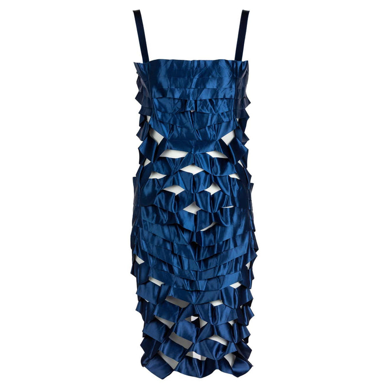 Vintage Issey Miyake Sapphire Blue Satin Ribbon Cage Dress, 1990s Basha Gold Vintage Issey Miyake Sapphire Blue Satin Ribbon Cage Dress, 1990s Basha Gold