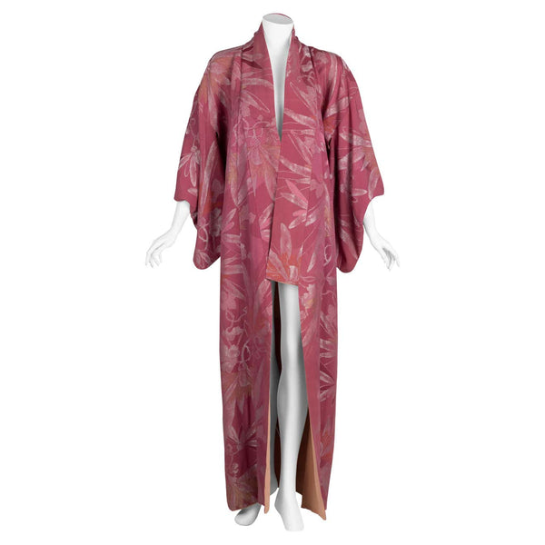 Vintage Japanese Dusky Mauve Silk Metallic Floral Maxi Kimono