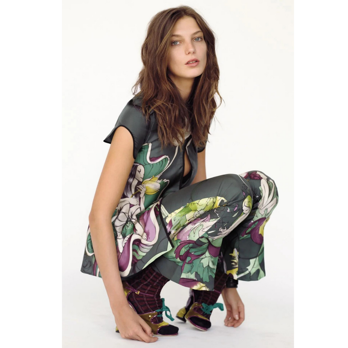Prada Fairy James Jean Green Print Silk Top Runway Spring 2008
