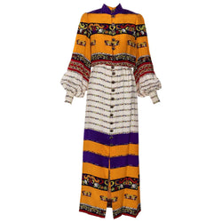 Ronald Amey Couture Beautiful printed Elaborate Buttons Maxi Dress, 1970s