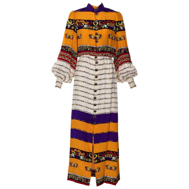Ronald Amey Couture Beautiful printed Elaborate Buttons Maxi Dress, 1970s