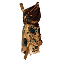 Christian Dior Galliano Golden Brown Turquoise Velvet Floral Devore Dress 2005