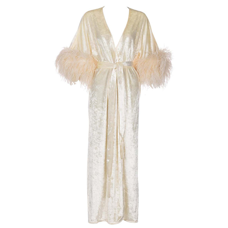 Bill Tice Cream Velvet Feather Trim Caftan Robe 1970s
