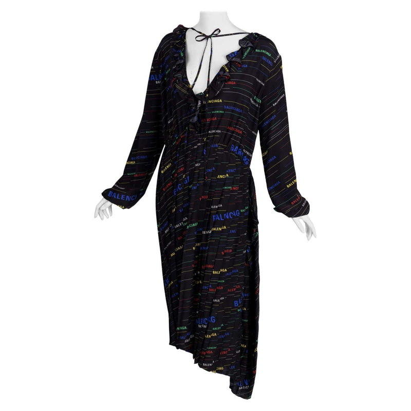 Balenciaga Ruffled Printed Black Silk Crepe De Chine Midi Dress Resort Basha Gold Balenciaga Ruffled Printed Black Silk Crepe De Chine Midi Dress Resort Basha Gold