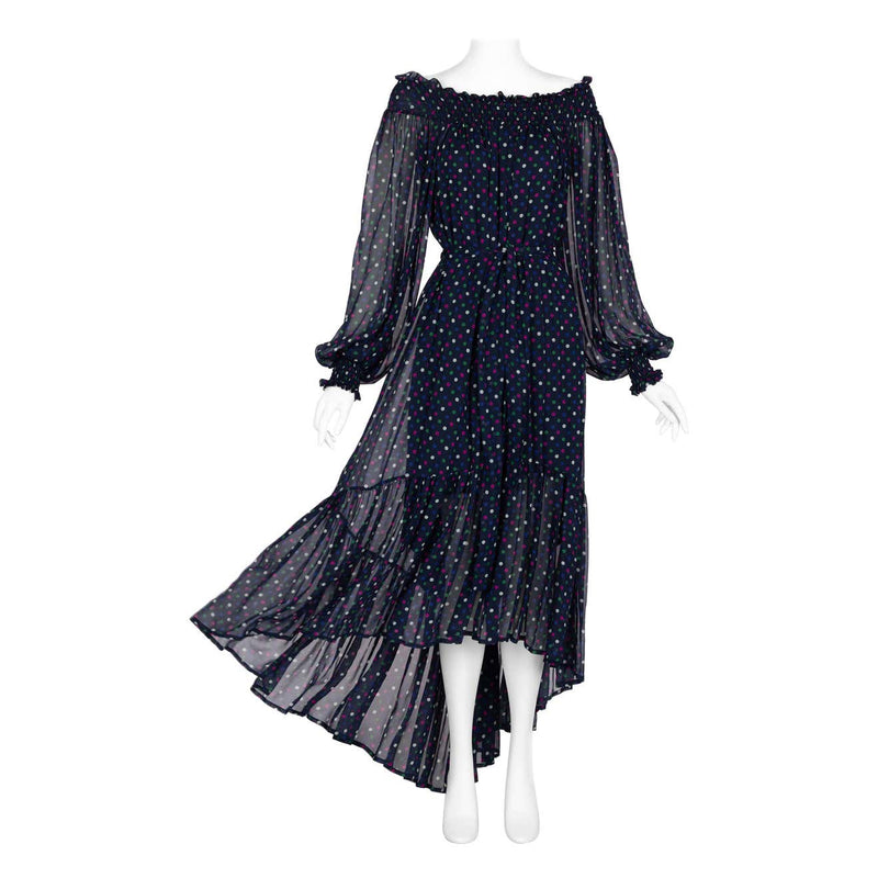 Vintage Saint Laurent Blue Polka Dot Off Shoulder Silk Dress Ysl