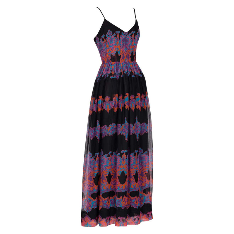 Pauline Trigère Cotton Silk Voile Black Vivid Print Sleeveless Dress, 1970s