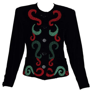 Yves Saint Laurent Runway Velvet Red & Green Embroidered Jacket, 1989