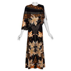 1970s Mac Tac of Paris Floral Printed Nylon Jersey Cape Dress