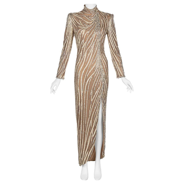 Bob Mackie Ivory Sequin, Pearls & Nude Stretch Net Thigh High Slit Dress, 1980s