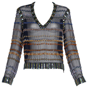 Chanel Métiers d’Art 2013 Beaded Sheer Silk & Leather Deep V Top