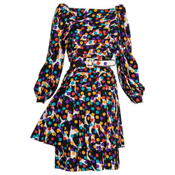 Fabulous Vintage Galanos Polka Dot Silk Pleated Belted Dress, 1980s