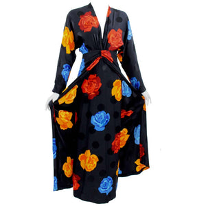 1980s Adele Simpson Silk Roses and Black Dots Plunge Neck Evening Dress