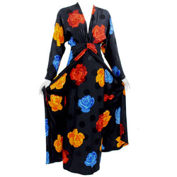 1980s Adele Simpson Silk Roses and Black Dots Plunge Neck Evening Dress