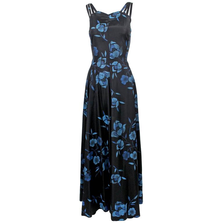 1930s Black and Blue Batik Floral Print Strappy Sleeveless Maxi Dress / Gown
