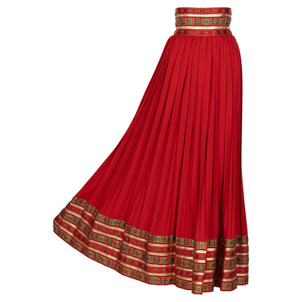 Lanvin Jules-François Crahay Demi Couture Documented  Red Pleated Brocade Maxi Skirt 1970s