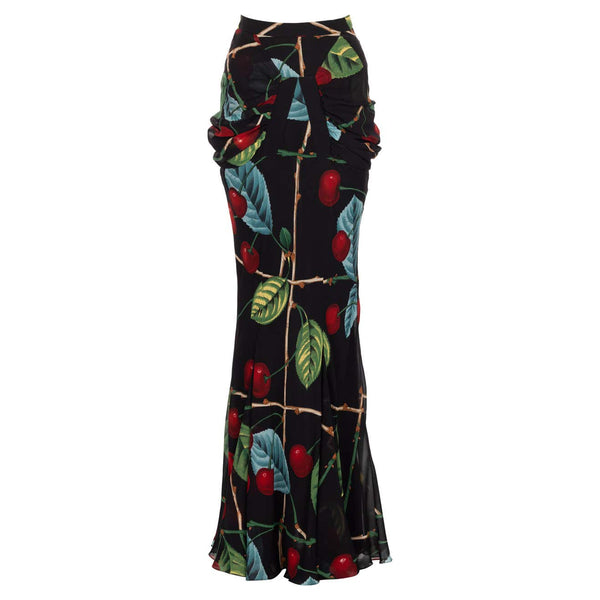 John Galliano Cherry Print Silk Maxi Skirt F/W 2003