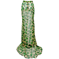 Dolce & Gabbana Sheer Silk Beige & Green Leaf Print Maxi Skirt with Train