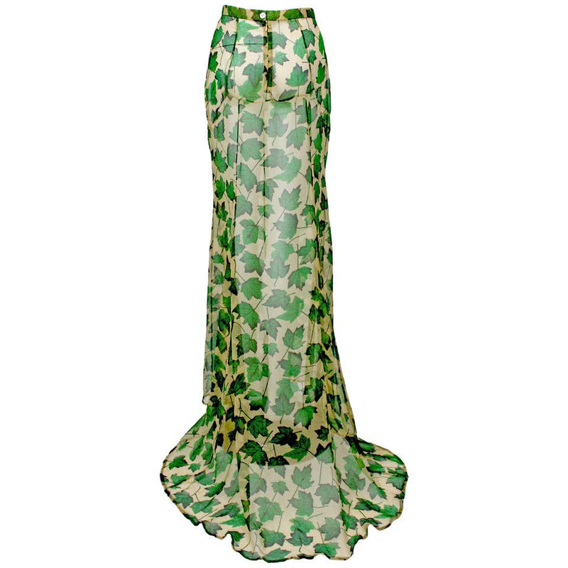 Dolce & Gabbana Sheer Silk Beige & Green Leaf Print Maxi Skirt with Tr Basha Gold Dolce & Gabbana Sheer Silk Beige & Green Leaf Print Maxi Skirt with Tr Basha Gold